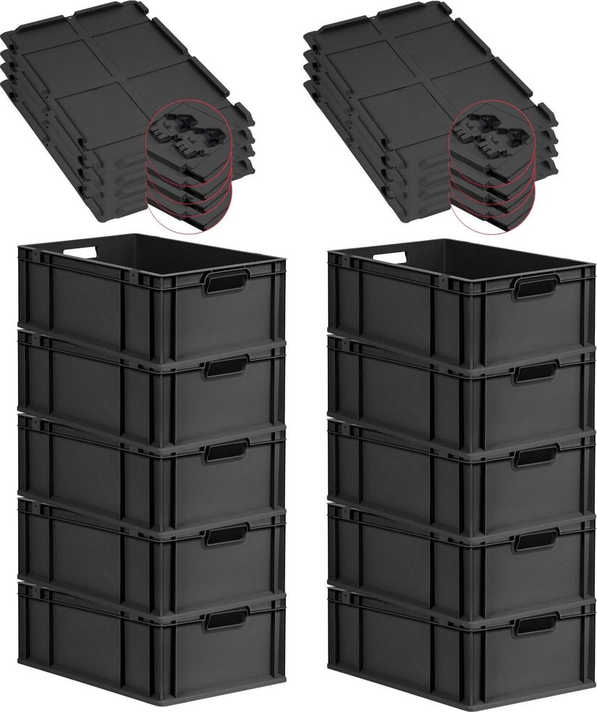 SuperSparSet 10x Eurobox NextGen Grip mit Scharnierdeckel und schwarzen Schiebeschnappverschlüssen | HxBxT 22x40x60cm | 44 Liter | Schwarz | Griff...