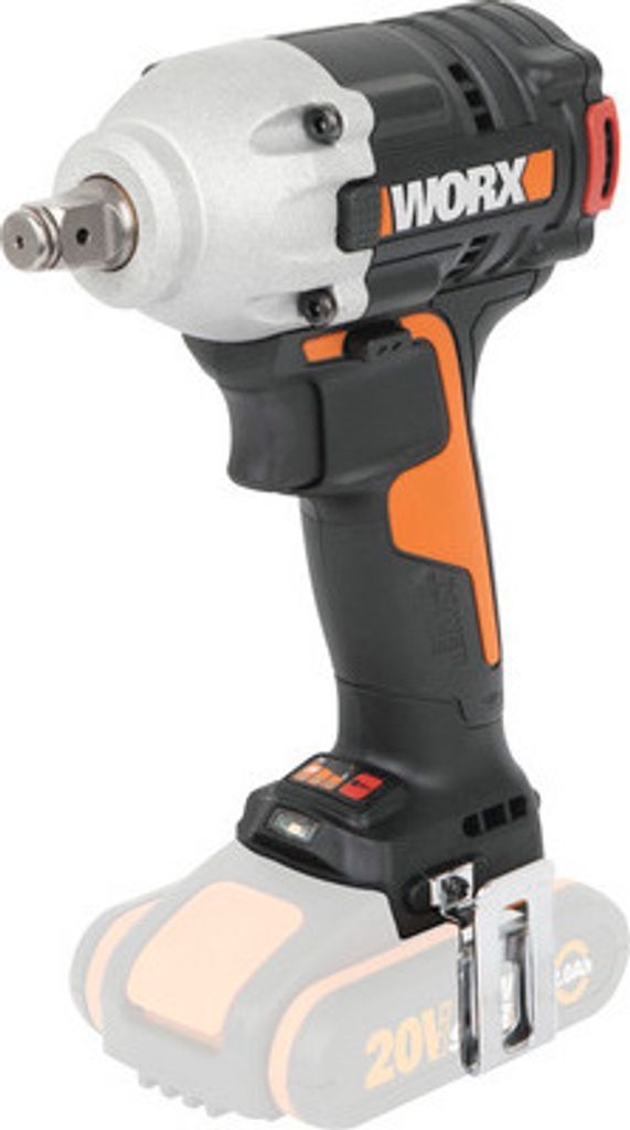 A cordless impact wrench with a battery attached, shown against a white background.