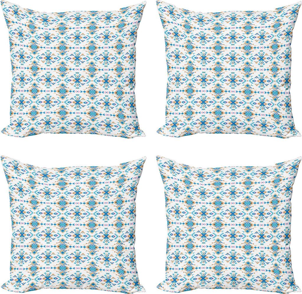 ABAKUHAUS Geometrisch Kissenbezug Set (4 Stück), Tribal Inspired Shapes, Moderner Doppelseitiger Digitaldruck, 45 cm x 45 cm, Sky Blue Pastel Braun