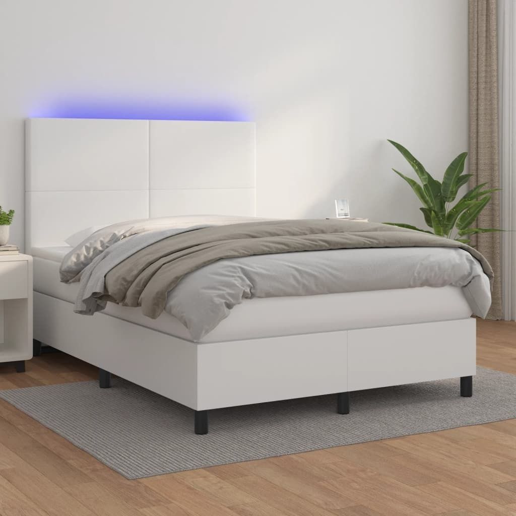 vidaXL Boxspringbett mit Matratze & LED Weiß 140x200 cm Kunstleder - Boxspringbett - Boxspringbetten - Bett - Schlafzimmermöbel