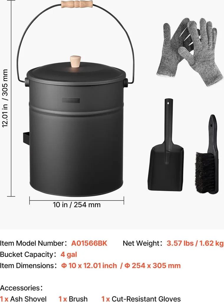 Seau à cendres 15L avec couvercle et kit de 4 accessoires en métal noir