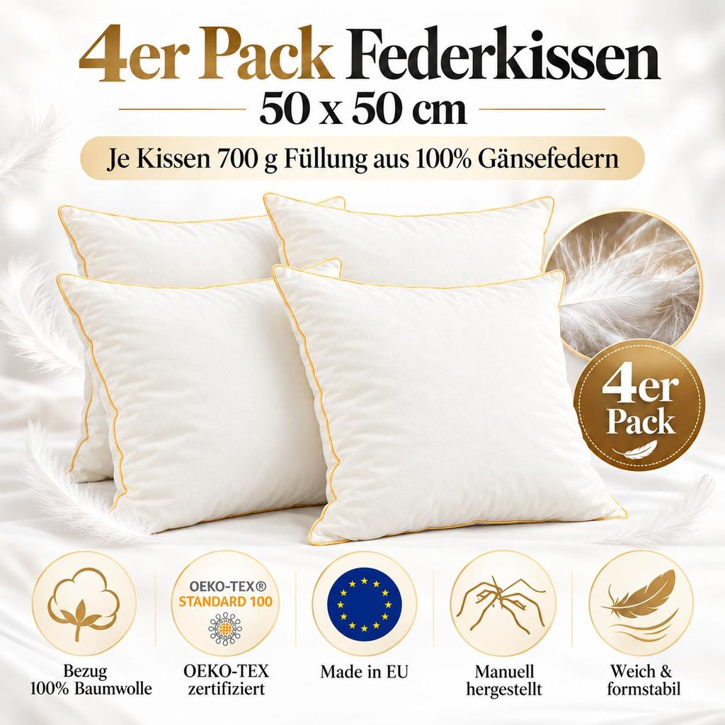 4er Set HOME&FASHION Federkissen 50x50 cm 700g Gänsefedern Produktbild 