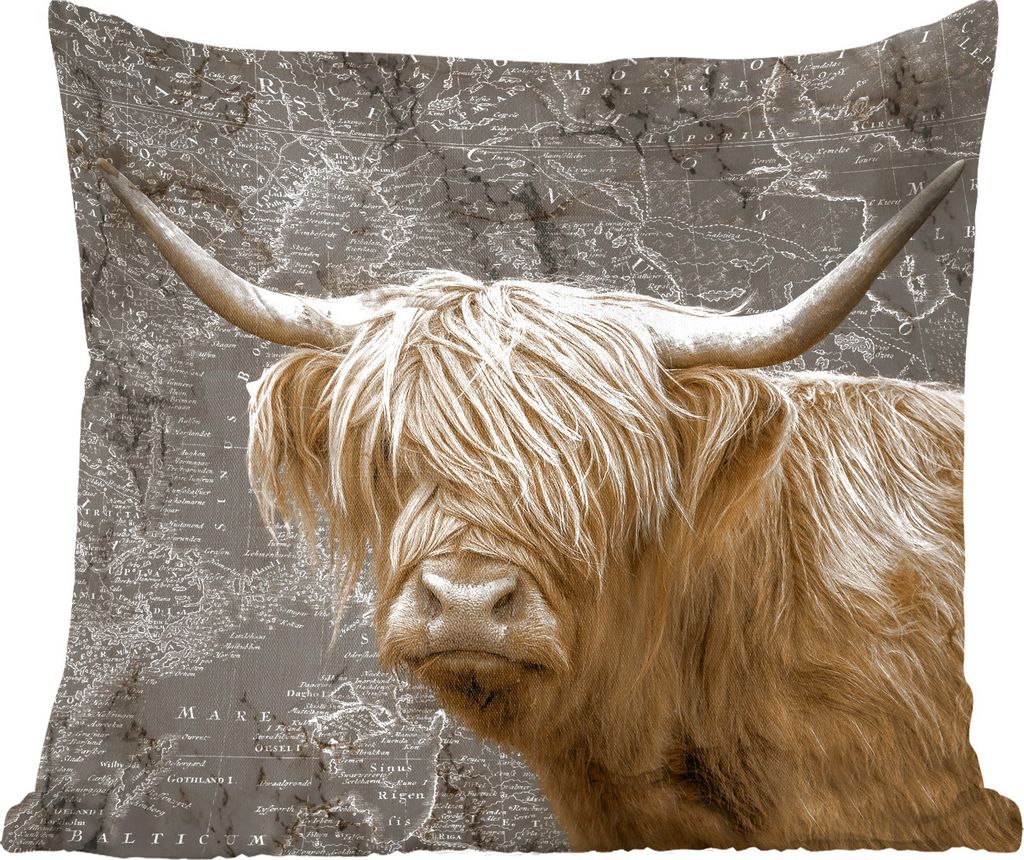 MuchoWow Zierkissen Sofakissen Wohnzimmer Dekokissen 40x40 cm Schottisches Hochlandrind - Weltkarte - Tiere - Foto Kissen - Schlafzimmer Dekoration