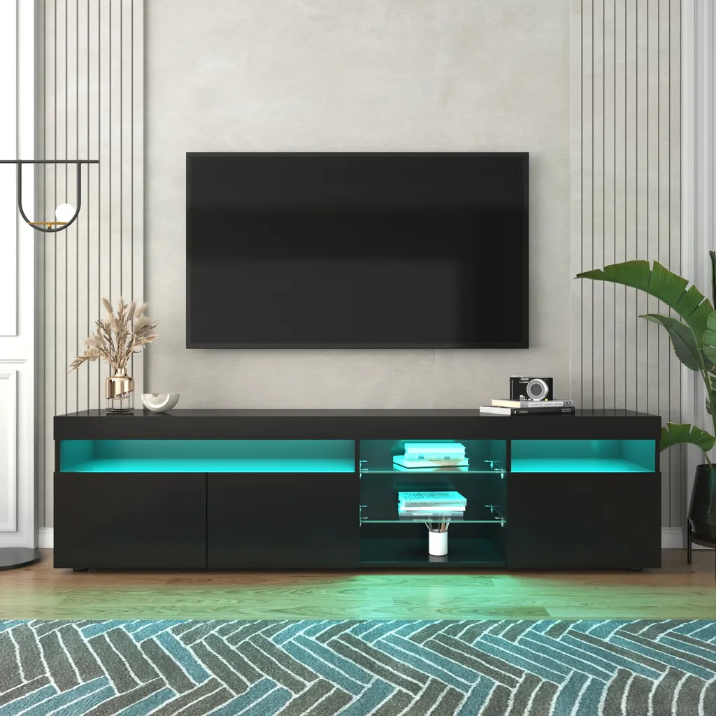 Merax Meuble TV Noir Brillant 180cm avec Éclairage LED et Télécommande