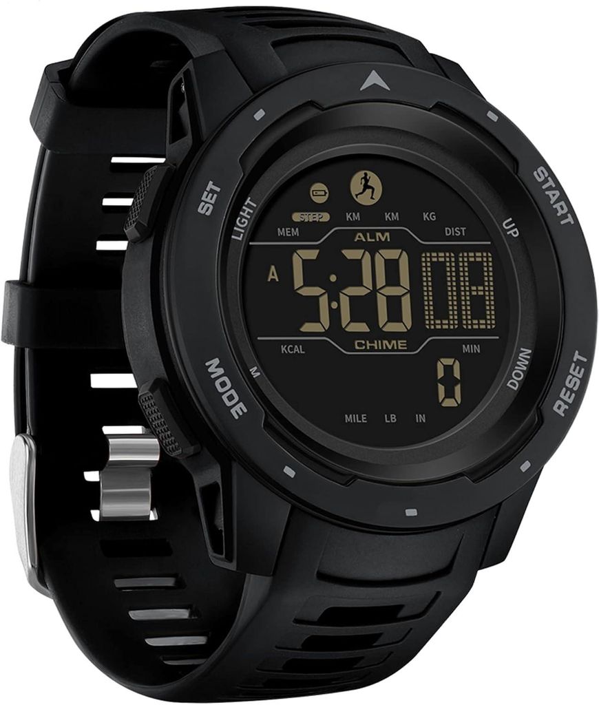 Schrittzähler Armbanduhr Herren Digital Sportuhr 5ATM Wasserdicht mit Kalorien, Stoppuhr, Timer, Dualzeit, Fitnessuhr Outdoor ohne App