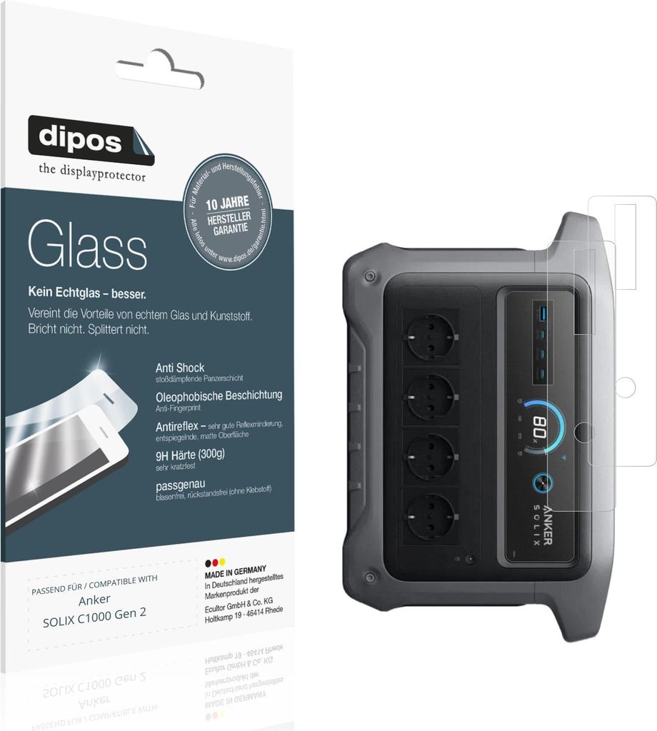 2x Schutzfolie für Anker SOLIX C1000 Gen 2 matt - Anti-Shock 9H Folie dipos Glass Kunststoffglas
