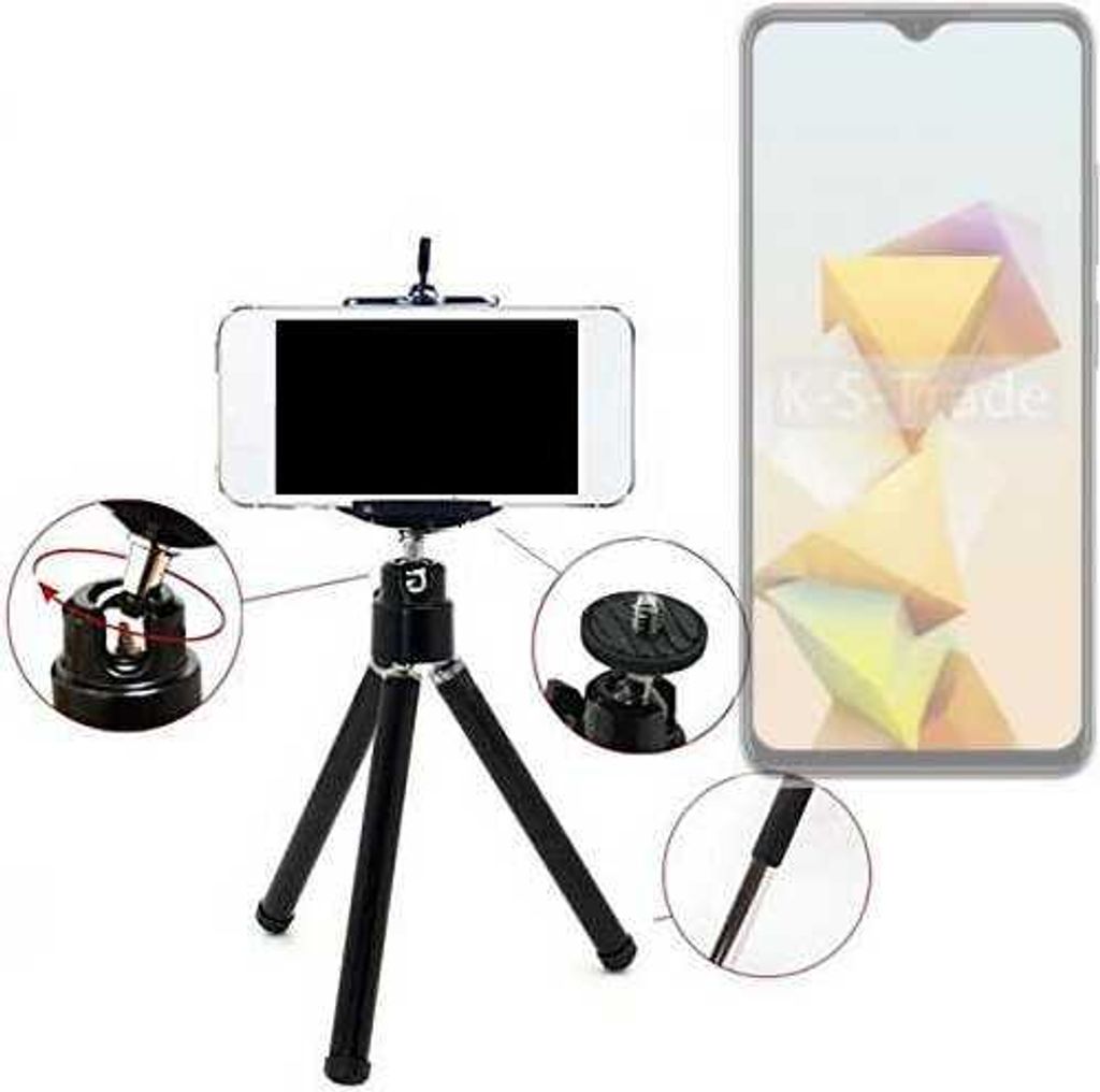 K-S-Trade Smartphone Stativ Dreibein kompatibel mit ZTE Blade A73 5G Tripod aus Aluminium Klemmstativ Stativ Adapter für Mobiltelefone schwarz 1x