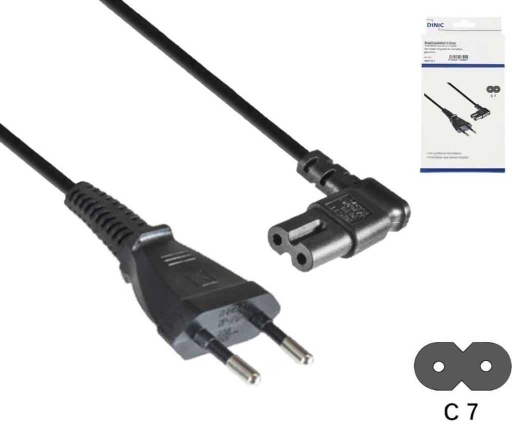 DINIC Netzkabel Eurostecker Typ C auf C7, 0,75mm², Eurostecker/IEC 60320-C7, VDE, schwarz, Länge 3,00m
