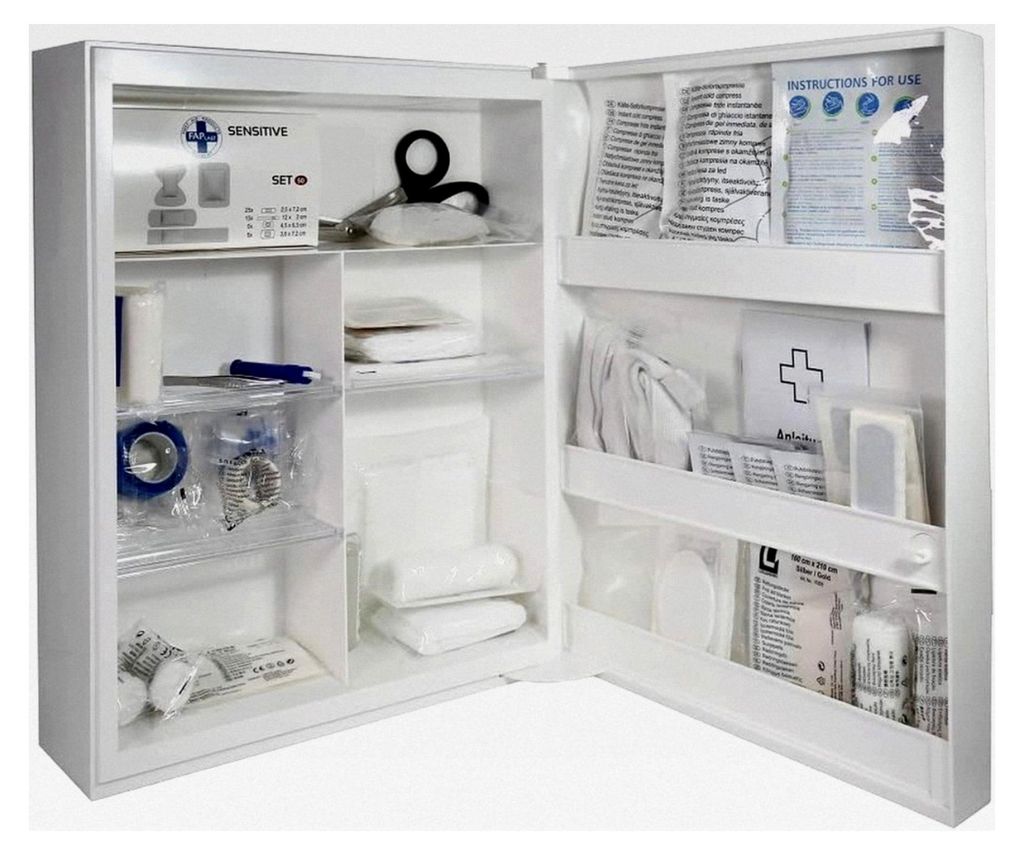 Erste Hilfe Verbandschrank mit DIN 13157, Kunststoff Medizinschrank mit 10 Fächern (4 herausnehmbar), Sicherheitsschloss – 45 x 34,5 x 16 cm