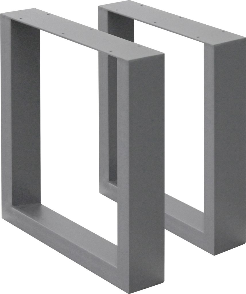 Two gray metal table legs are shown against a white background.