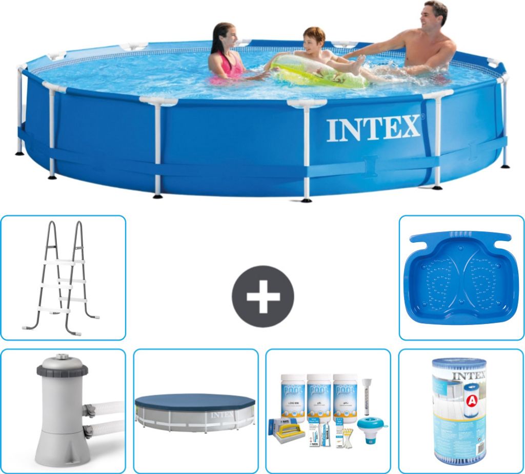 Intex Rundrahmen-Schwimmbecken – 366 x 76 cm – Blau – inklusive Pumpe Abdeckung - Wartungspaket - Filter - Leiter - Fußbad