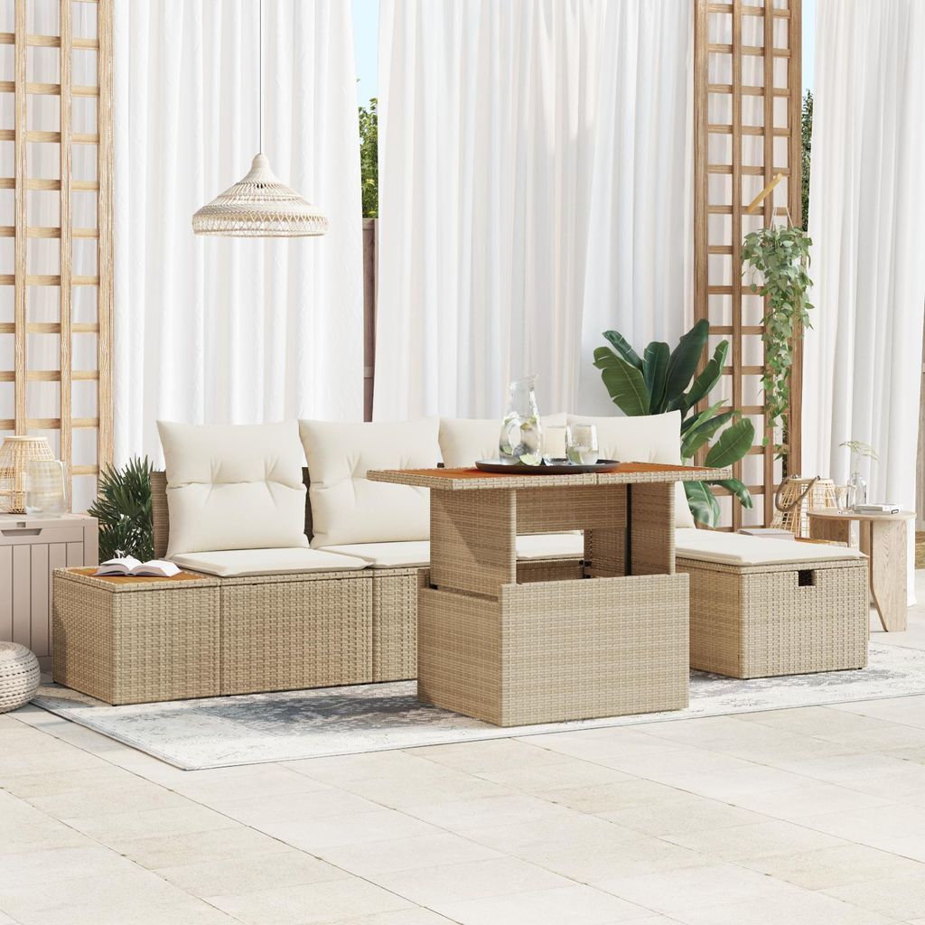 2025 Moderne Gartenlounge Set 6-teiliges Garten Sofa Set mit Kissen Beige Poly Rattan Akazie - Terassenmöbel Gartenmöbel Hommie3126287
