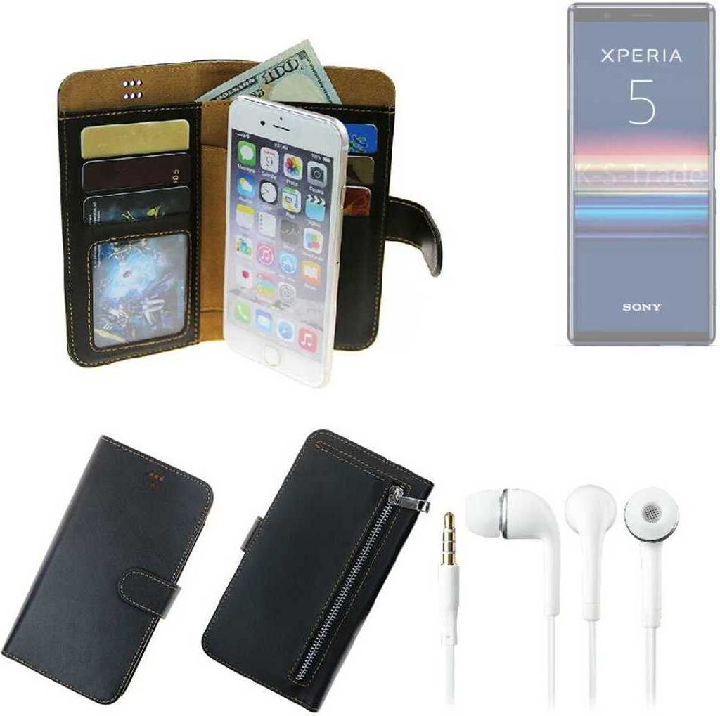 TOP SET Handy Hülle Schutz Hülle kompatibel mit Sony Xperia 5 schwarz aus Kunstleder + Kopfhörer Smartphone Tasche vollwertige Geldbörse