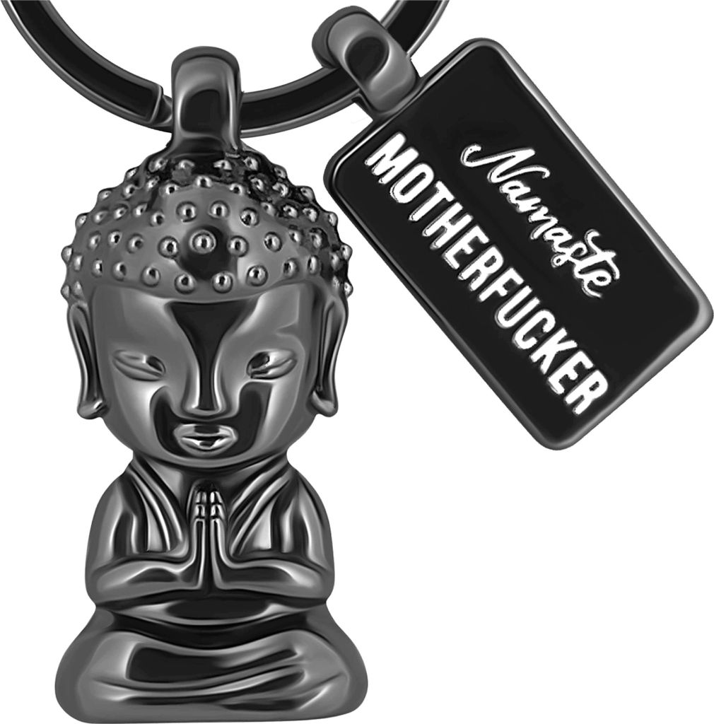 LANOLU Schlüsselanhänger Buddha, lustiges Geschenk für Yoga Fans, Gravur Namaste Motherfucker, Glücksbringer Schlüsselanhänger Männer