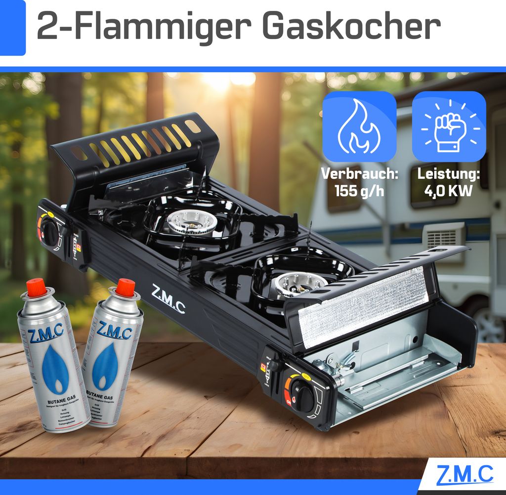 PREMIUM Campingkocher Outdoor Camping Gas Kocher 2 flammig Kochfeld Gasherd 2in1 Doppel Kartuschenkocher ohne Gaskartusche