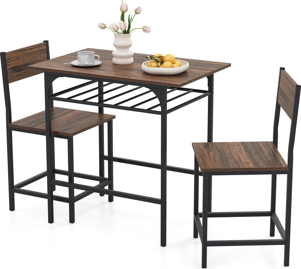 COSTWAY 80x52,5x77 cm Esstisch, 3-teilige Essgruppe Holz mit 2 Stühlen, Ablagefach&Metallrahmen, Kleiner Küchentisch für 2, Esszimmergruppe Braun