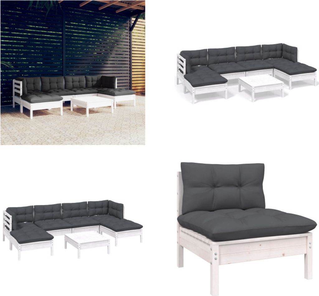 vidaXL 7 tlg. Garten Lounge Set mit Kissen Weiß Kiefernholz - Garten-Lounge-Set - Garten-Lounge-Sets - Gartenmöbel-Set - Gartenmöbel-Sets