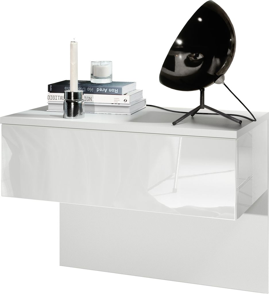 Vladon Nachttisch Sleep, Germany, Nachttischschrank mit Schublade zur Wandmontage, Weiß matt/ Weiß Hochglanz (60 x 46 x 35 cm)