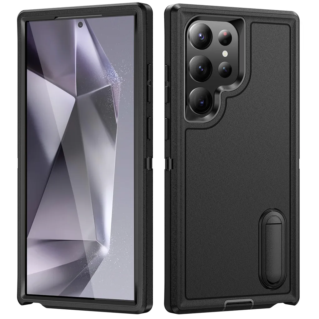 Custodia per Samsung Galaxy S25 Ultra Hybrid a tre strati robusta custodia protettiva antiurto con supporto nero