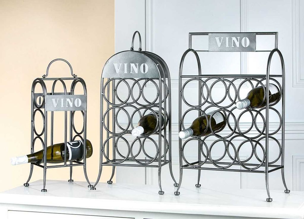 Gilde 9er Weinflaschenhalter "VINO"(Rechts) grau metallic, pulverbeschichtet, mit Tragegriff H= 59,0 cm 68915