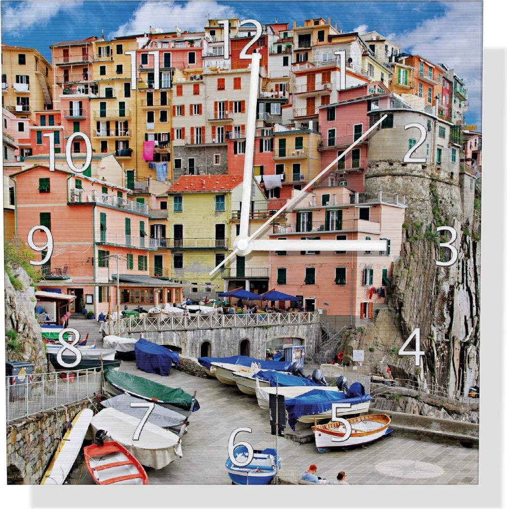 Wallario Design Wanduhr Bunter Hafen in Italien aus Aluverbund, Größe 30 x 30 cm