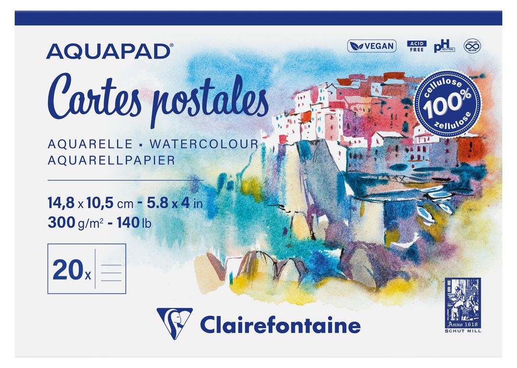 Clairefontaine 5x Aquapad Postkarten, geleimter Block A6, 20 Blatt 300g 975954C