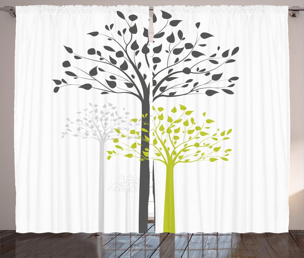 ABAKUHAUS Wohnung Rustikaler Gardine, Mutter Natur Bäume, Schlafzimmer Kräuselband Vorhang mit Schlaufen und Haken, 280 x 225 cm, Hellgrün Weiß