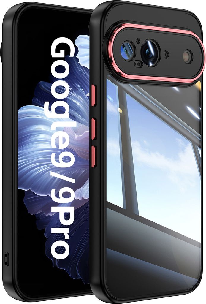 Handyhülle für Google Pixel 9 / Pixel 9 Pro Hybrid Transparent TPU PC Militärschutz mit Kameraabdeckung Schwarz Rot