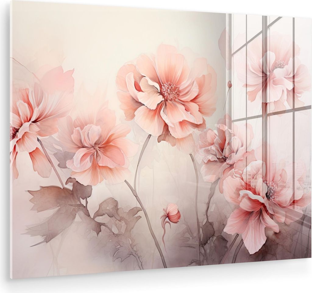 MuchoWow Glasbilder - Bilder auf Wandbild - Foto auf Glas Blumen - Rosa - Kunst - Abstrakt - Aquarell 80x60 cm Wanddekoration aus Glas - Acrylglasb...