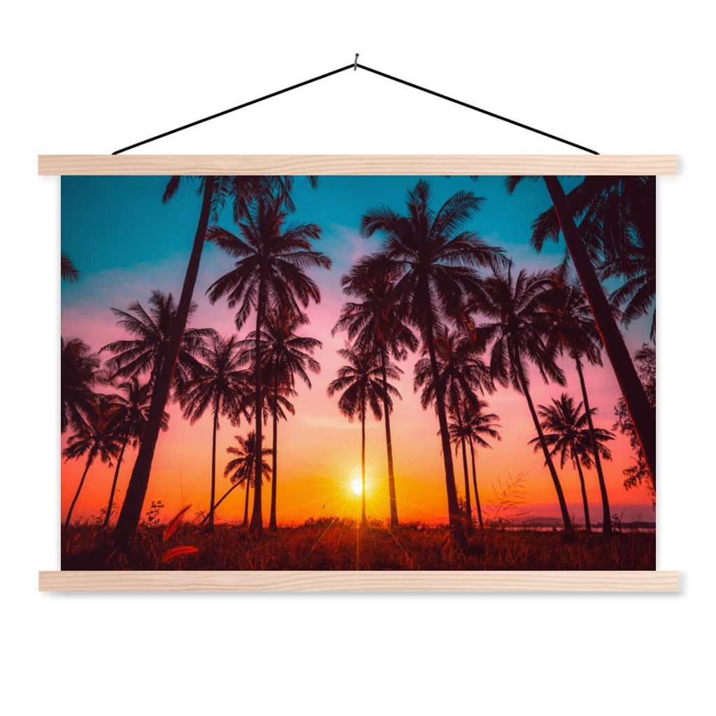MuchoWow Textilposter Palme - Sonnenuntergang - Horizont - Strand - Orange - Rosa 120x80 cm mit holzfarbenen Rahmen - Aufhängeset