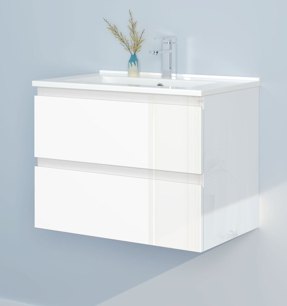 60cm Badmöbel Set Waschtisch mit Unterschrank Gäste WC Hochglanz Weiß Waschbecken Keramik dünn