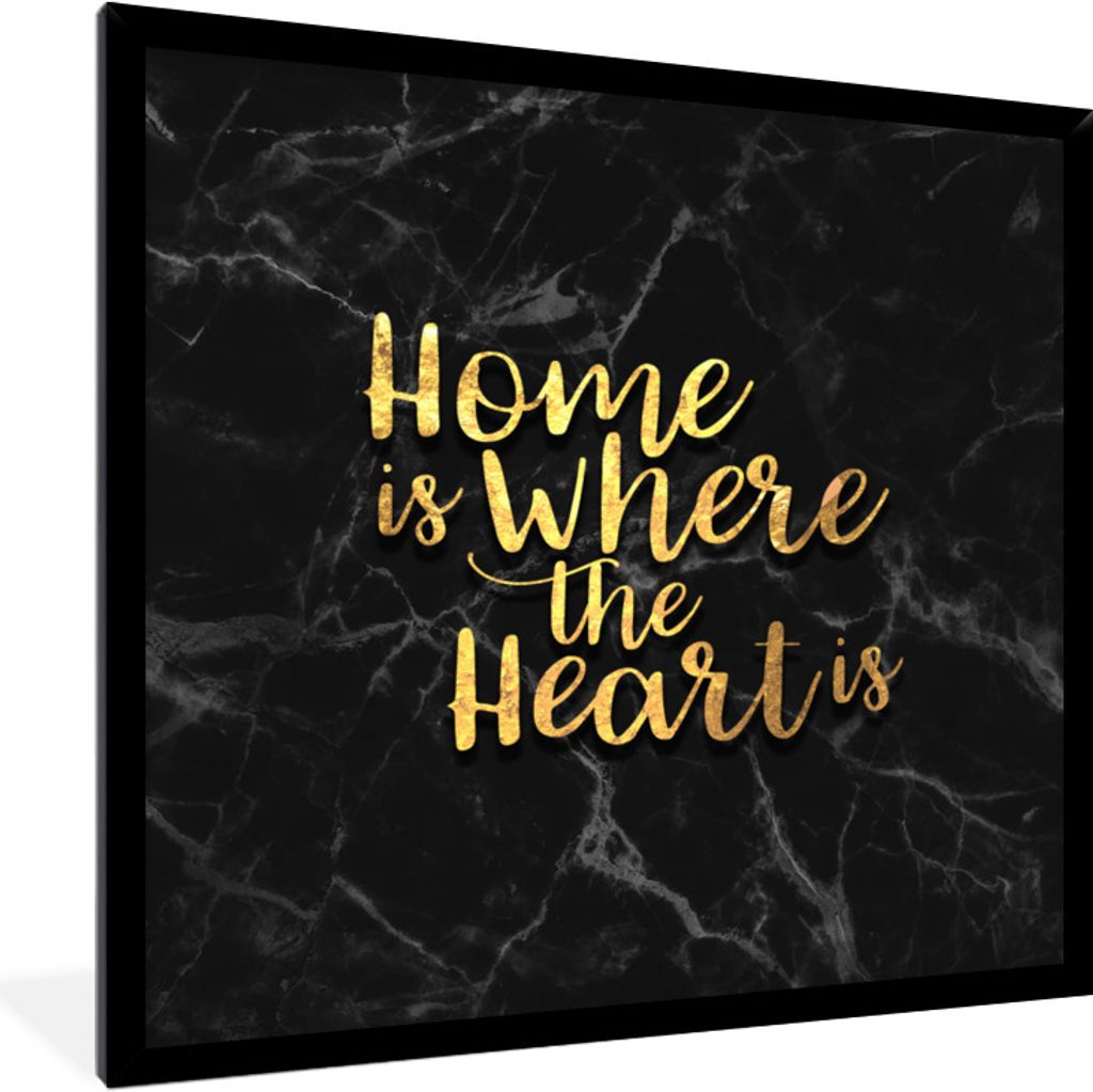 MuchoWow Gerahmtes Poster Zitat - Zuhause - Herz - Gold 40x40 cm - Poster mit Schwarzem Bilderrahmen Wandposter Rahmen Foto Bilder - Mit Rahmen -...