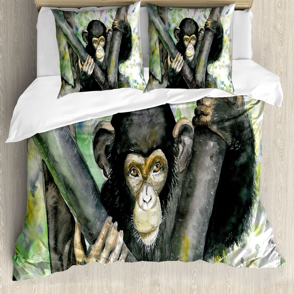 ABAKUHAUS Gorilla Bettbezug Set für Einzelbetten, Aquarell Baby-Schimpanse, Milbensicher Allergiker geeignet mit Kissenbezug, 200 cm x 200 cm - 80...