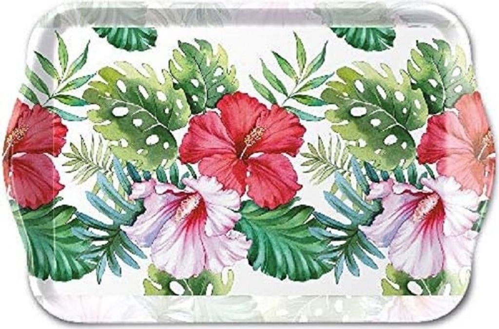 Ambiente Tablett / Serviertablett ca. 13 x 21 cm, Hibiskus Sommer Blumen Kollektion , Tischdeko / Ideal als Geschenk - 1 Stück