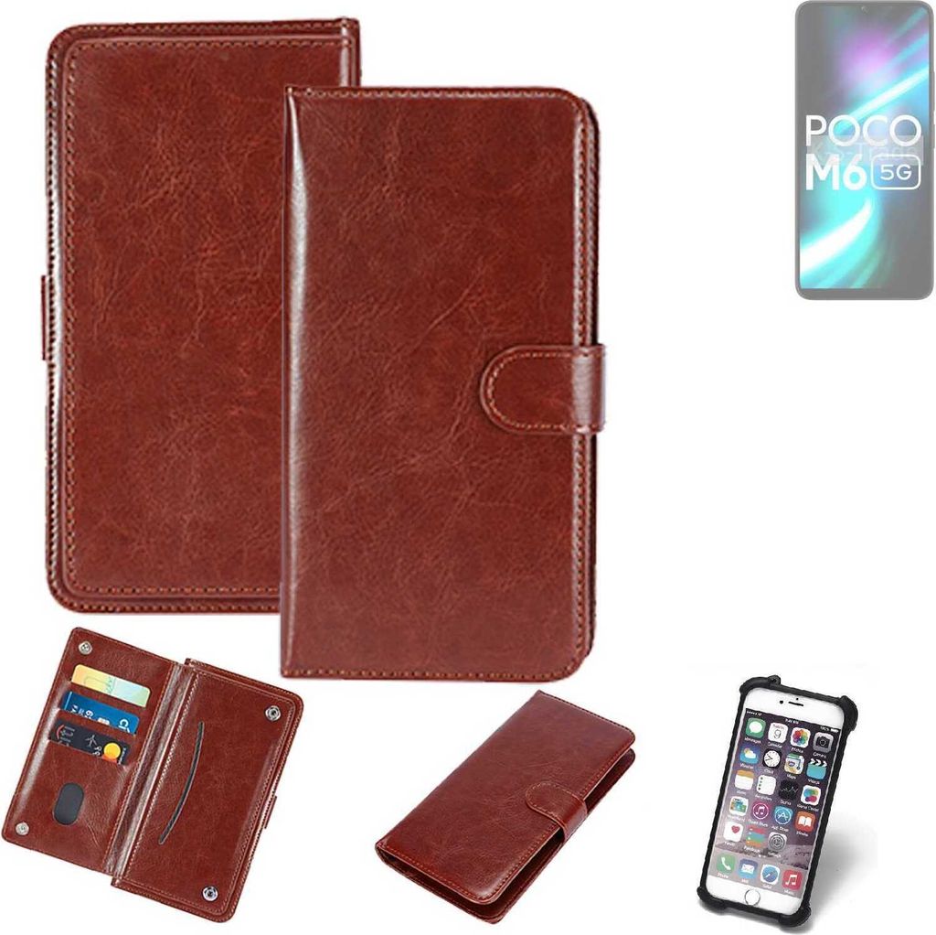 K-S-Trade 360° Hülle kompatibel mit POCO M6 5G braun Kunstleder Case BookCase WalletCase Kunstlederederhülle Handyhülle, Rundumschutz Bumper (1x)