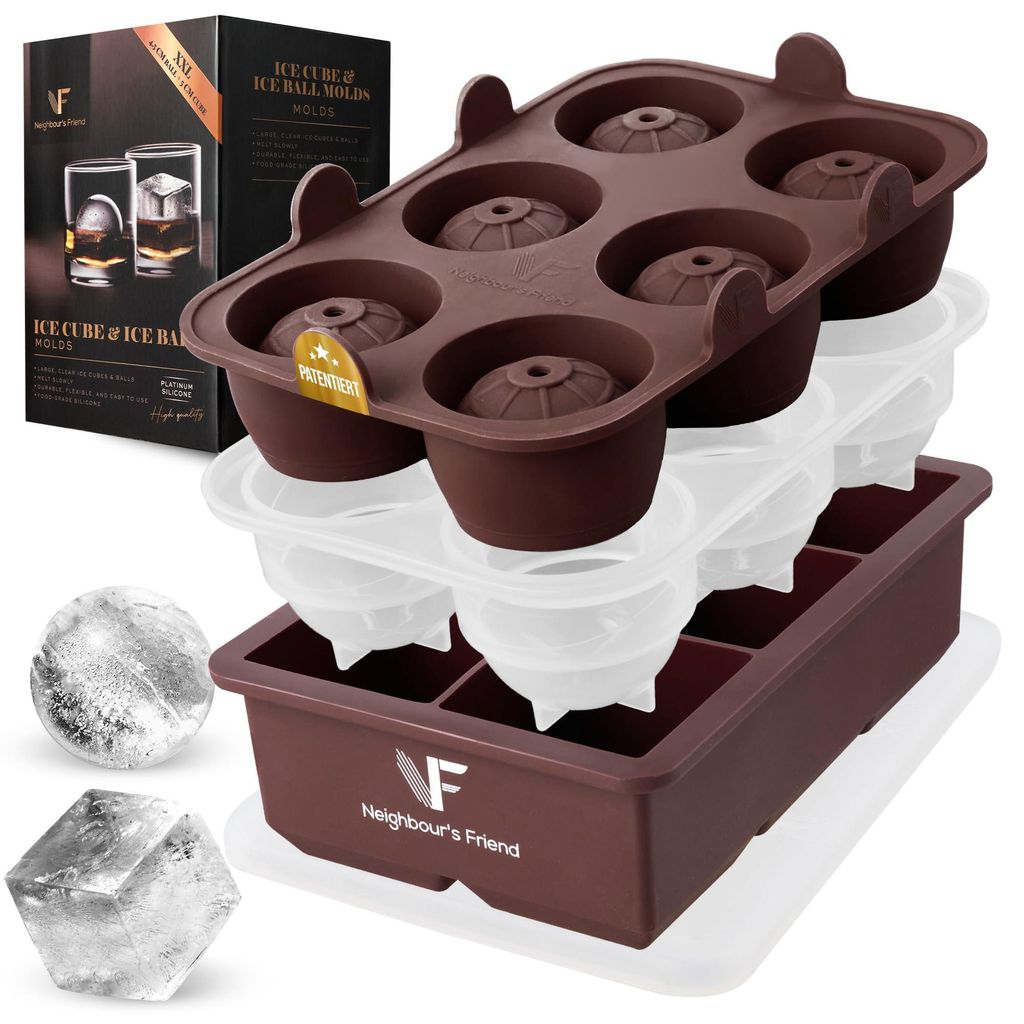 Neighbour’s Friend Patentierte Eiskugelform mit großer Eiswürfelform - XXL Eiswürfelformer für Whisky, Rum & Cocktails - 6x Eiskugel & 6x Eis...