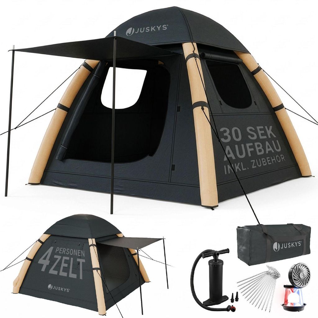 JUSKYS Luftzelt EasyFlow L - aufblasbares Camping Zelt, für 4 Personen inkl. LED-Lampe & Zubehör