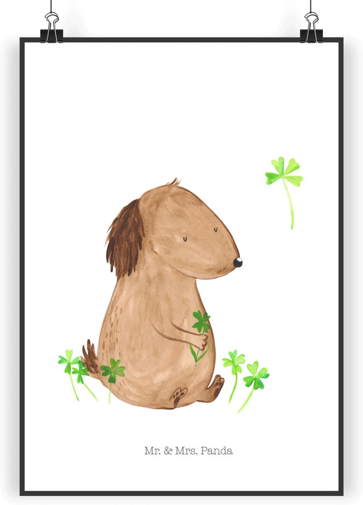 Mr. & Mrs. Panda Bild Hund Kleeblatt DIN A3 - Weiß - Geschenk, Viel Glück, Plakat, Sprüche, Achtsamkeit, drucke, Wandbild, Wanddekoration, wanddeko
