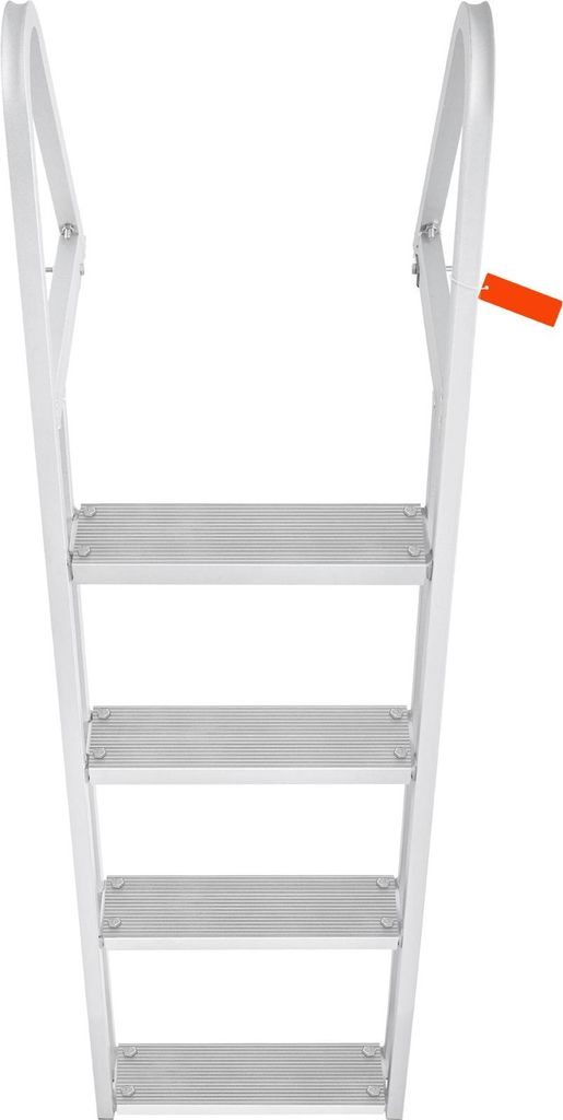 A white background with a silver ladder with four steps.