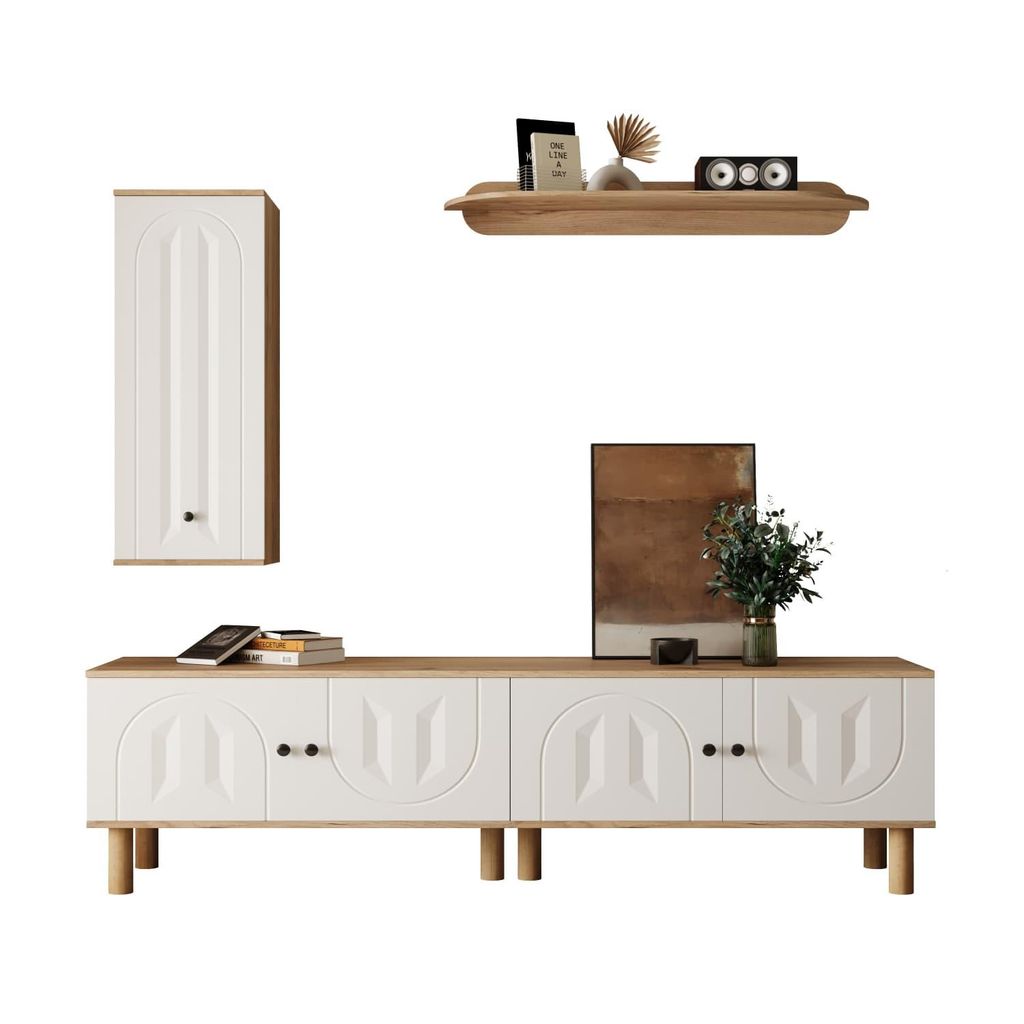 Wohnwand, 3-tlg .bestehend aus: Highboard, Schränke, Wandboard. Weiße und hölzerne, geschnitzte Türpaneele