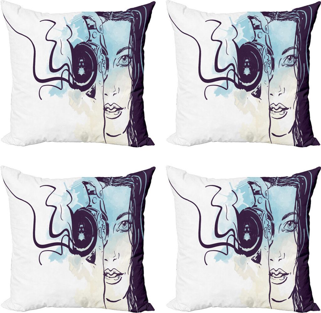ABAKUHAUS Paparazzi Kissenbezug Set (4 Stück), Junge Frau mit Kamera, Moderner Doppelseitiger Digitaldruck, 45 cm x 45 cm, Dark Purple Blassblau