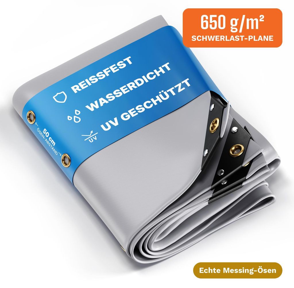 UMBRELLA Abdeckplane 650 g/m² 5x7 m (35 m²) Grau – 100 % wasserdicht, UV-beständig, reißfest, Messing-Ösen – für LKW, Holz, Pool & Garten