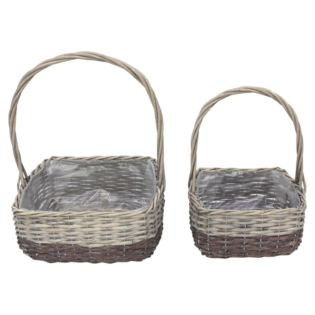 Pflanzkorb Graue"Weide", 2er Set, Spaltweide, Metall, mit Folie, 23 x 21 x 10 cm, 28 x 26 x 13 cm