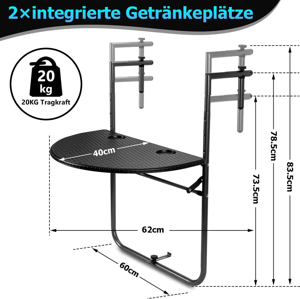 Table suspendue de balcon pliante et réglable avec supports verres - 2