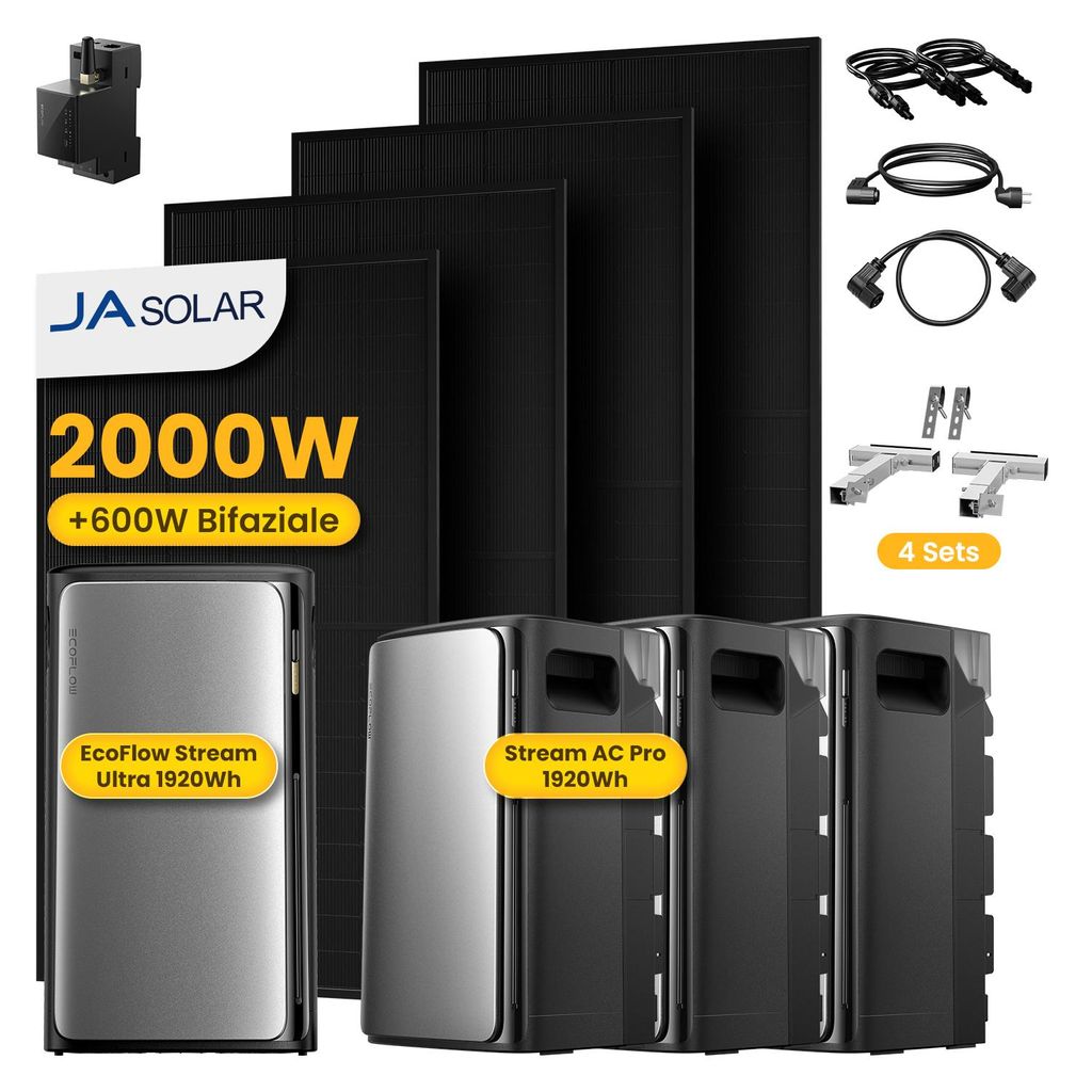 Powerness Balkonkraftwerk mit Speicher,EcoFlow STREAM Ultra & 3x AC Pro Erweiterungsakku & 4x JASolar 500W Module & Smart Meter & 4x Balkon-Halterung