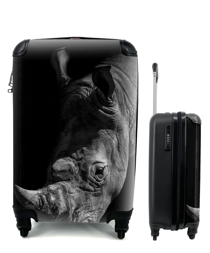 MuchoWow Koffer Handgepäck Trolley Rollkoffer Kleine Reisekoffer mit 4 Rollen - Nahaufnahme eines Nashorns auf schwarzem Hintergrund - Cabin Siz...
