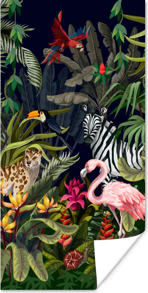 MuchoWow Poster Dschungeltiere - Natur - Jungen - Mädchen - Flamingo - Zebra 80x160 cm - Kinderzimmer