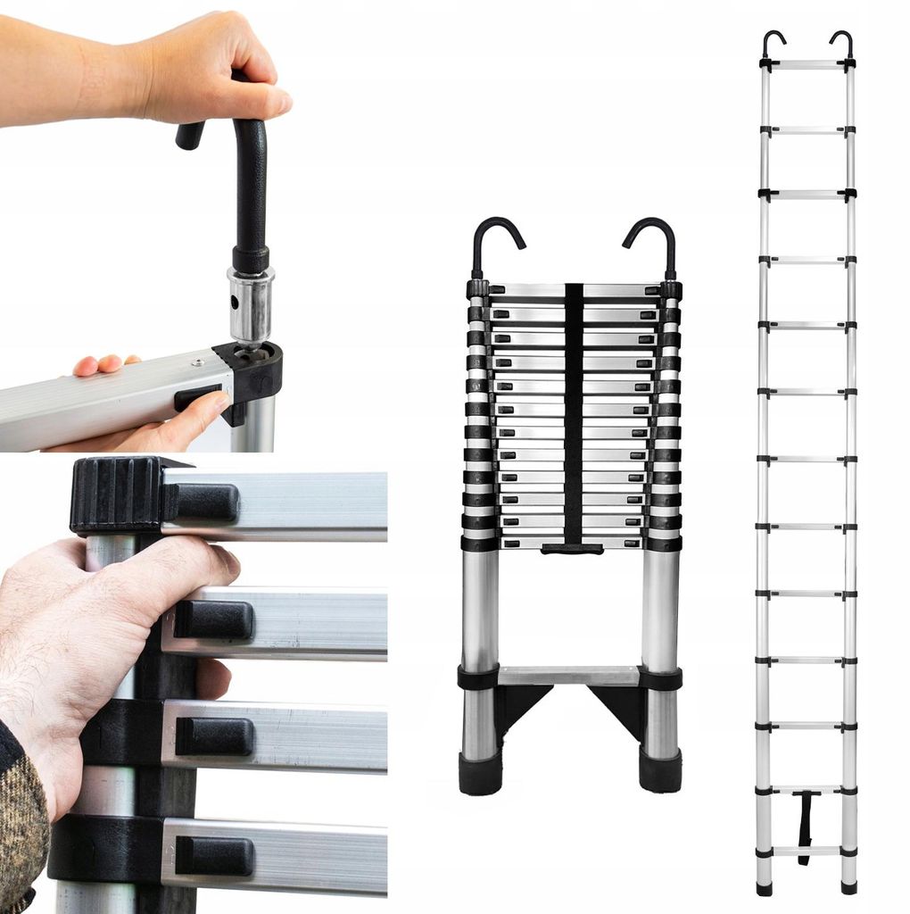 Baulich | Teleskopleiter - 11 Stufen - 4,3 m Arbeitshöhe - Stahlleiter - Klappbar - Höhenverstellbar mit Haken - Rutschfest - Max. Traglast 125 Kg