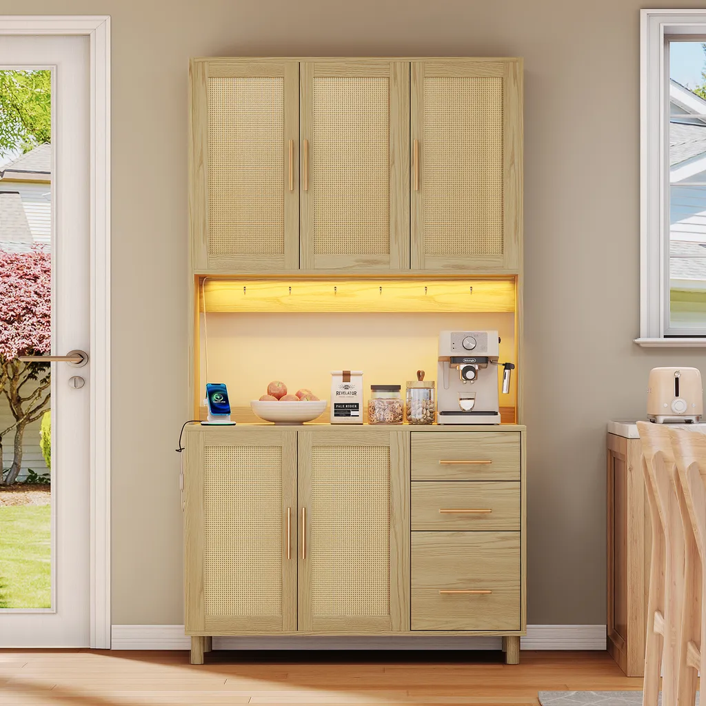 Flieks Armoire Haute en Bois avec Portes en Rotin tressé et Prises, 183cm