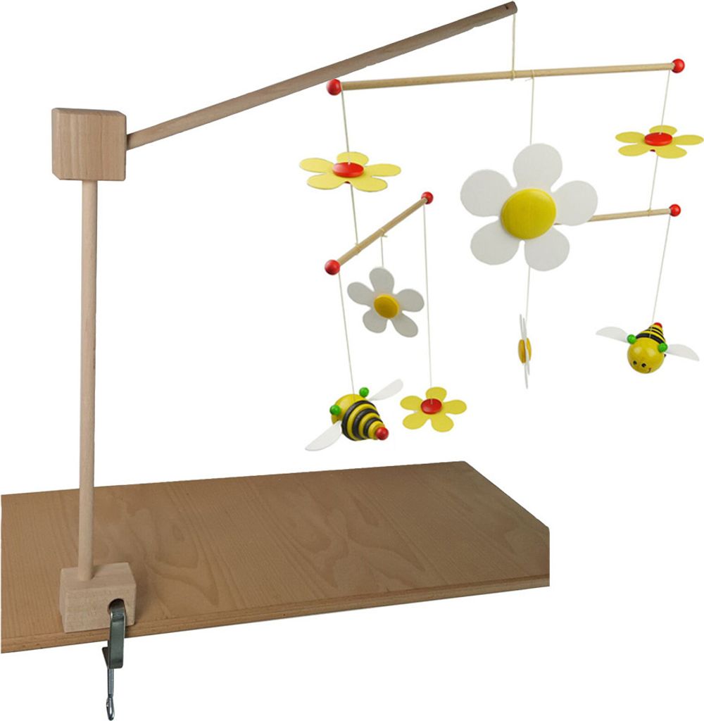 Mobile Halterung für Wickeltisch aus Naturholz + mit fröhlichem SUM SUM Mobile